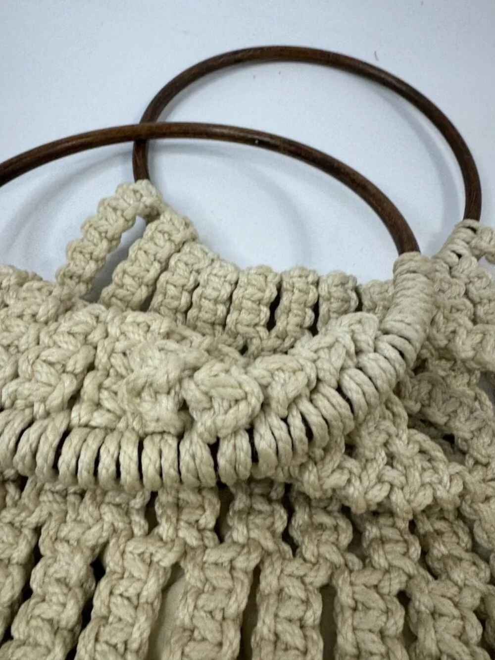 Handmade Macrame Crochet Bag With Wooden Handles Cream Open Weave Design Lined I